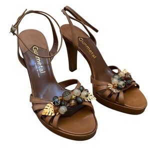 Gunmetal Women's Brown Leather Beaded Platform Heels Made in Italy Size 37.5 / 7